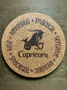 Capricorn Zodiac Sign Encircled Laser Engraved Cork Coaster